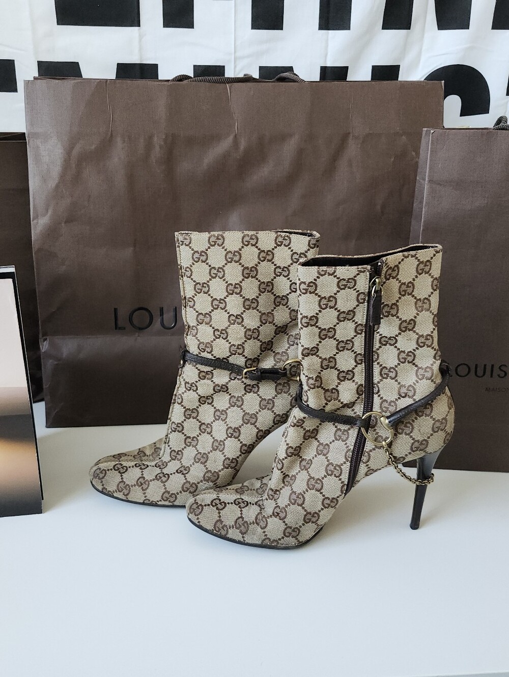 Gucci Brown GG Monogram Canvas Ankle Booties with Gold Hardware PREOWNED VINTAGE